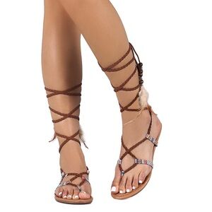 NIB Brown Braided Feather Wrap Gladiator Sandals SIZE 8